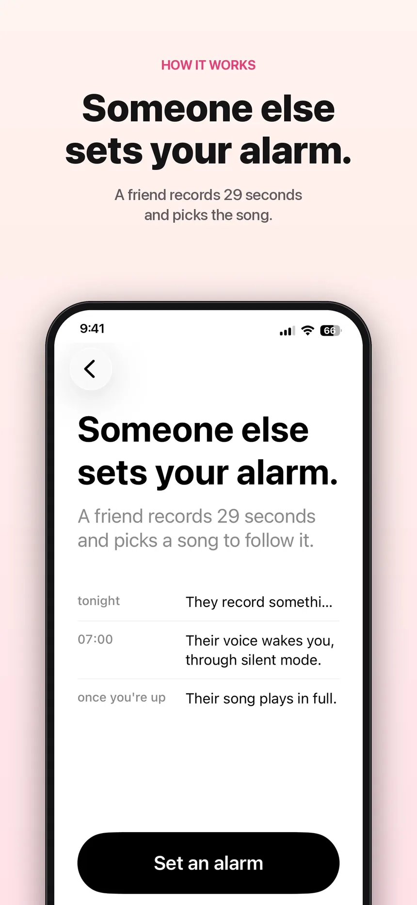 Someone else sets your alarm: a friend records 29 seconds and picks the song