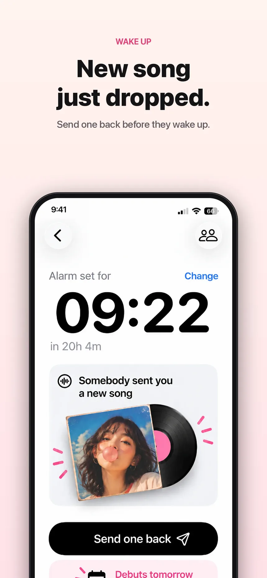 New song just dropped: alarm set for 09:22, somebody sent you a new song, send one back