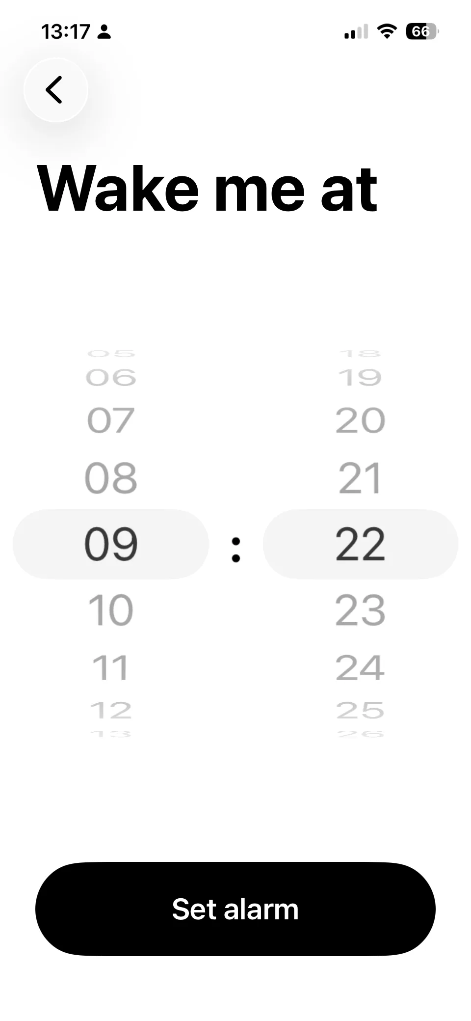 Wake me at 09:22 — time picker and Set alarm button