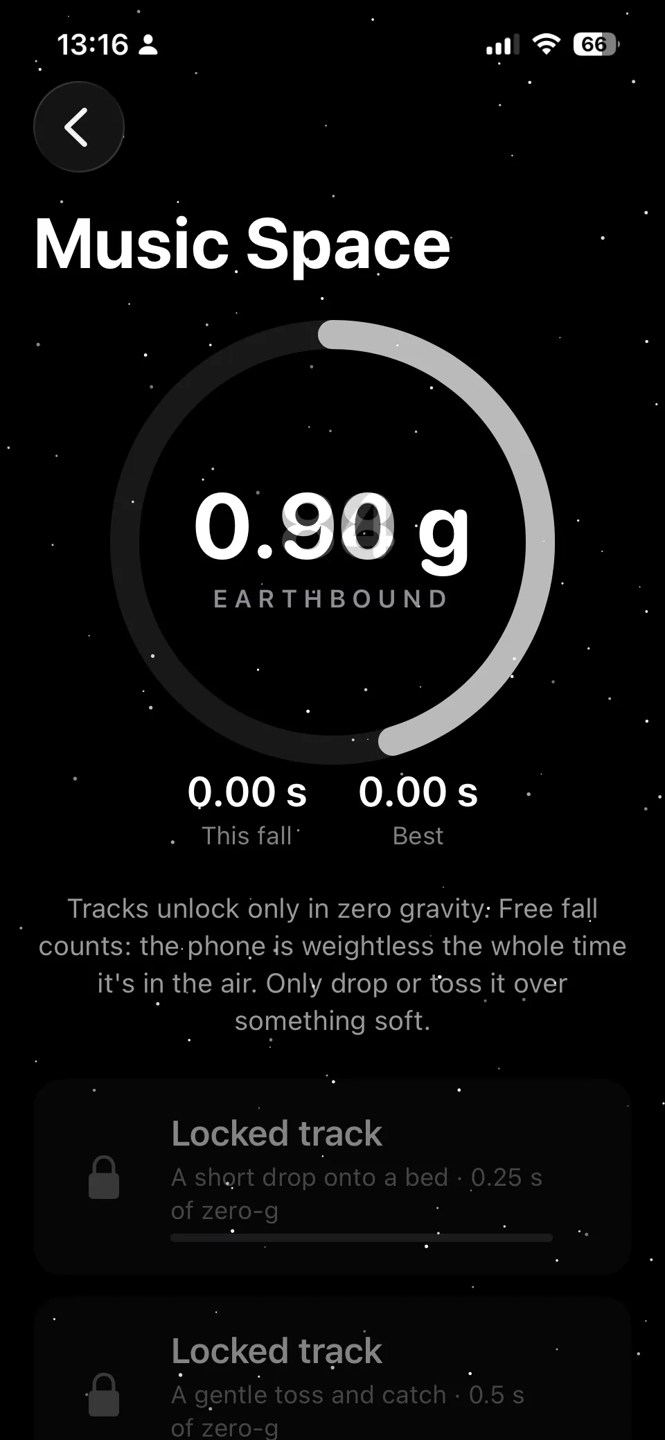 Music Space: 0.90 g, Earthbound — tracks unlock only in zero gravity