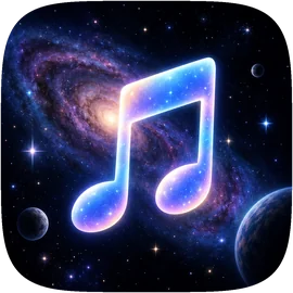 Music Space app icon: a glowing music note floating in a galaxy