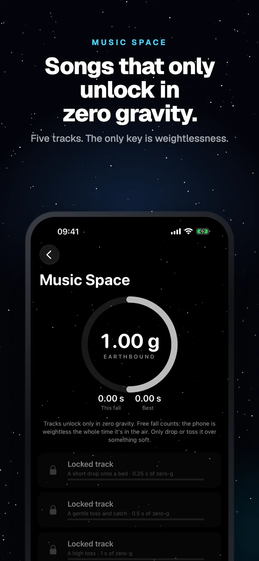 Songs that only unlock in zero gravity: five locked tracks and a g-force meter at 1.00 g