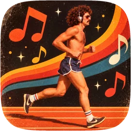 PaceMaker app icon: a 70s jogger in headphones running past music notes and a rainbow stripe