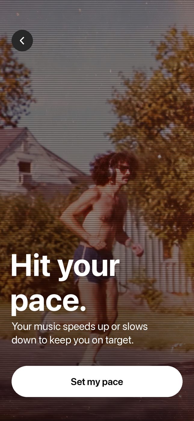 PaceMaker title screen: a jogger in headphones running down a residential street. “Hit your pace. Your music speeds up or slows down to keep you on target.” Button: Set my pace.
