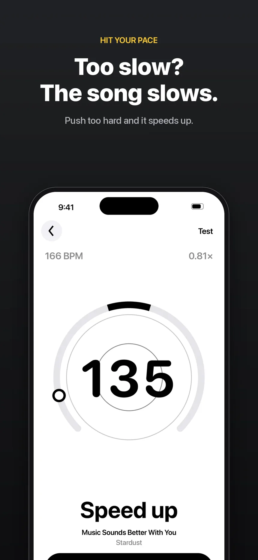 Too slow? The song slows: cadence 135 against a 166 BPM target, music at 0.81×, Speed up
